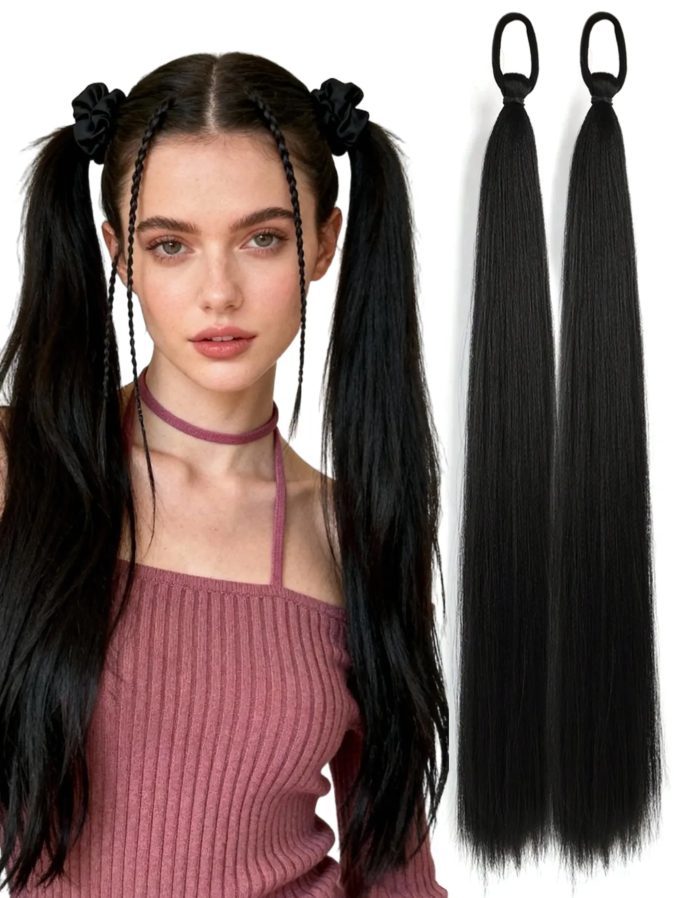 2 piece long straight hair ponytail extensions, Braiding Extensions, elastic band hair extensions, Extension Hairpiece, synthetic hair 26 inch ponytail extension DIY braid ponytail natural hair color for women daily and festive use, Ponytail Hairpieces