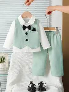 Male baby clothing, male baby spring/autumn suit set, male baby light mint green vest + white shirt + light mint green pants suit trio, adorned with a refined black bow tie + pocket square, Valentine's Day gift, suitable for hundred-day celebrations