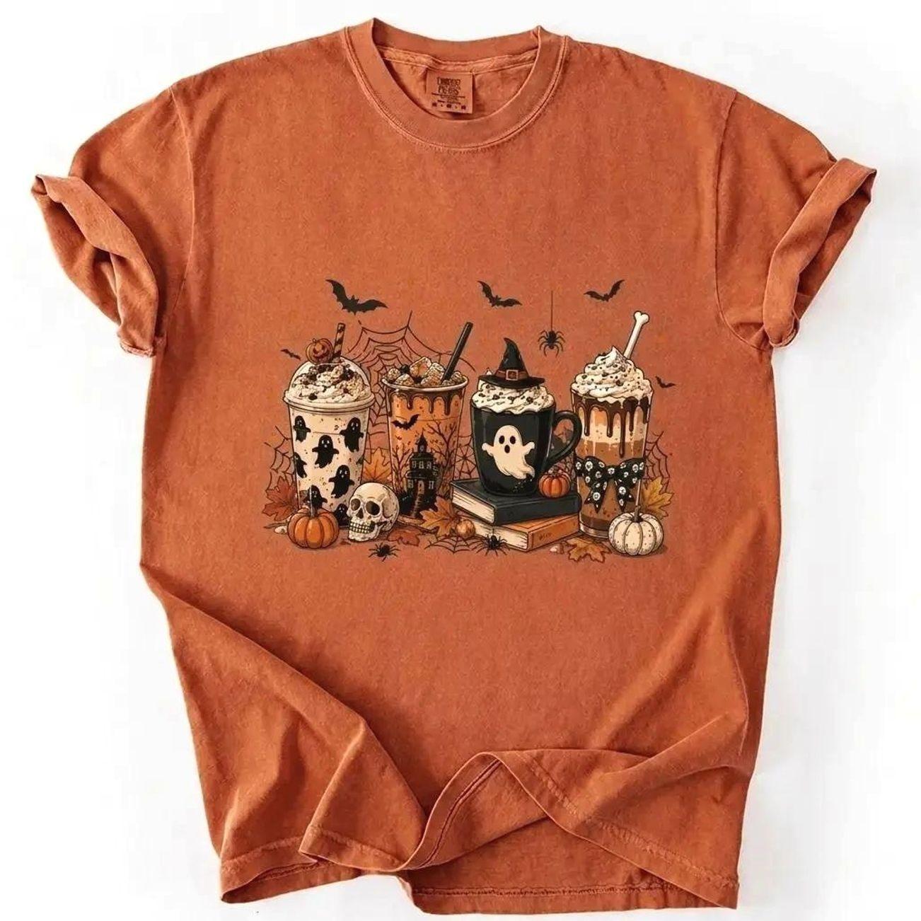 Comfort Colors Halloween Coffee T-Shirt, Spooky Season Iced Coffee Graphic Tee, Cute Ghost Witch Hat Coffee Mug Shirt, Pumpkin Spice Latte Fall Season Outfit, Aesthetic Halloween Apparel, Vintage Autumn Coffee Lover Tee, Spooky Gift for Women & Men