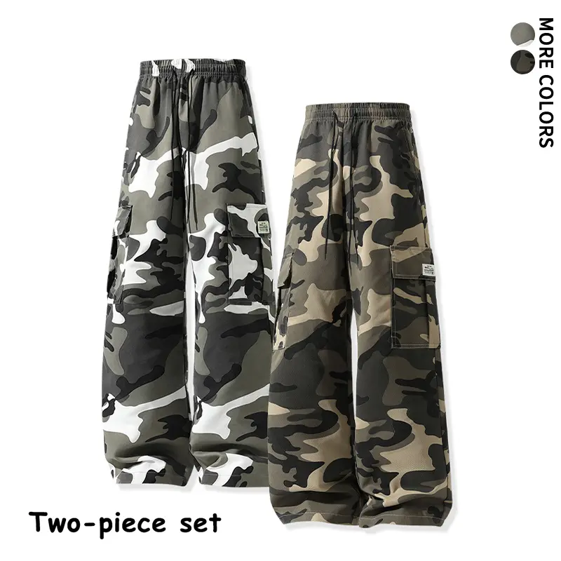 Men's Polyester Loose-Fit Camouflage Wide-Leg Cargo Pants 2-Pack - Adjustable Multi-Pockets Bottom, Breathable Streetwear Trousers for Spring Summer Daily Outfits