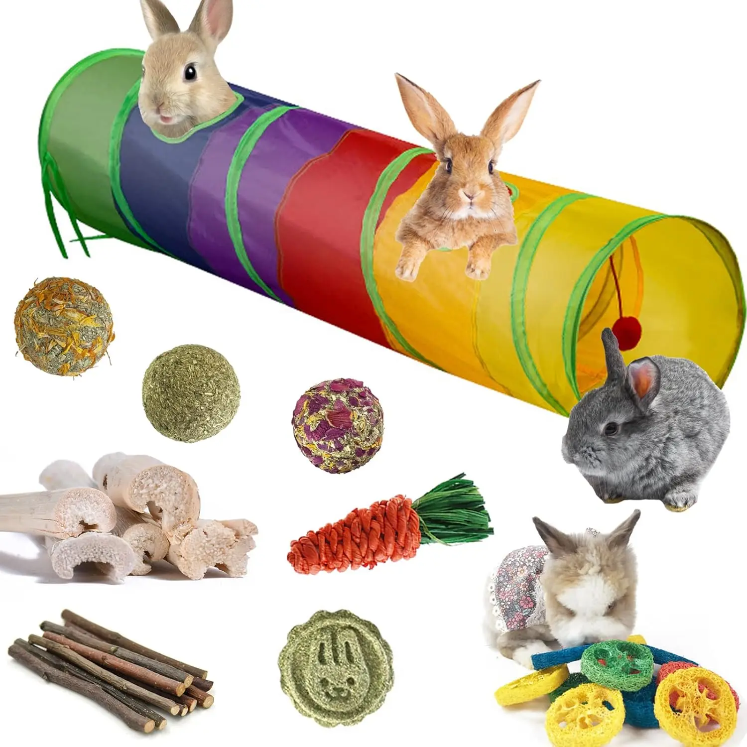 Rabbit Toys, Large Bunny Hideout Tunnel and Tube with  Toys for Grinding Teeth  Sticks Bamboo Carrot Loofah and Grass Ball for Rabbit Guinea Pig Chinchilla Ferret Rat