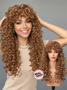 Light Retro Women's 24-Inch Synthetic Heat-Resistant Wig, Long Voluminous Natural Curl Design with Bangs, All Seasons Wear, Wigs With Bangs, Curly Wig