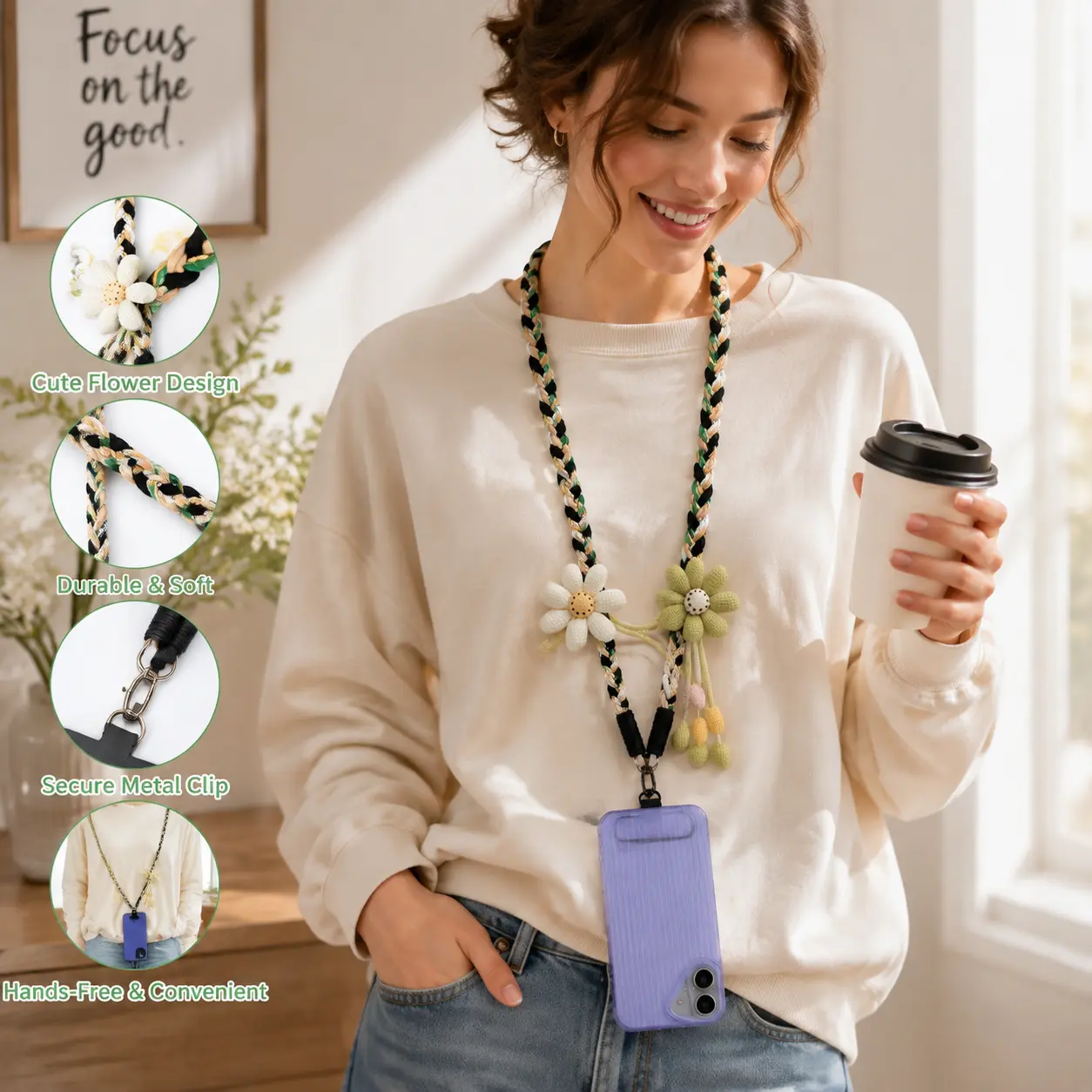 Braided Fabric Phone Lanyard With 3D Plush Flower Charm, Adjustable Crossbody Woven Strap, Secure Metal Clasp Hands‑Free Cell Phone Holder for Daily Outdoor Travel Casual Outfit