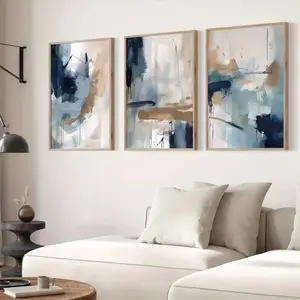 3pcs Abstract Artistic Navy Blue Geometric Canvas Prints Minimalist Ink Painting Landscape Wall Art Hanging Painting Modern Living Room Home Decoration Frameless Posters