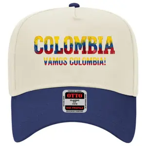 Colombia Pride Two-Tone Baseball Hat | "Vamos Colombia" Brush Stroke Graphic Cap, Cream and Navy Retro Soccer Snapback, OTTO Mid Profile Men's Hat