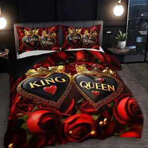 2/3PCS King and Queen Heart Crown Rose Duvet Cover Set (1 Duvet Cover + 1/2 Pillowcases Without Pillow Inserts), Four Seasons Home Dormitory High-Definition Print