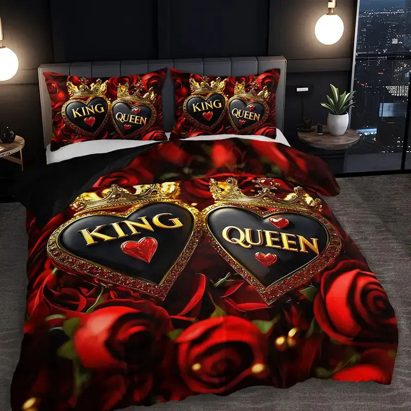 2/3PCS King and Queen Heart Crown Rose Duvet Cover Set (1 Duvet Cover + 1/2 Pillowcases Without Pillow Inserts), Four Seasons Home Dormitory High-Definition Print