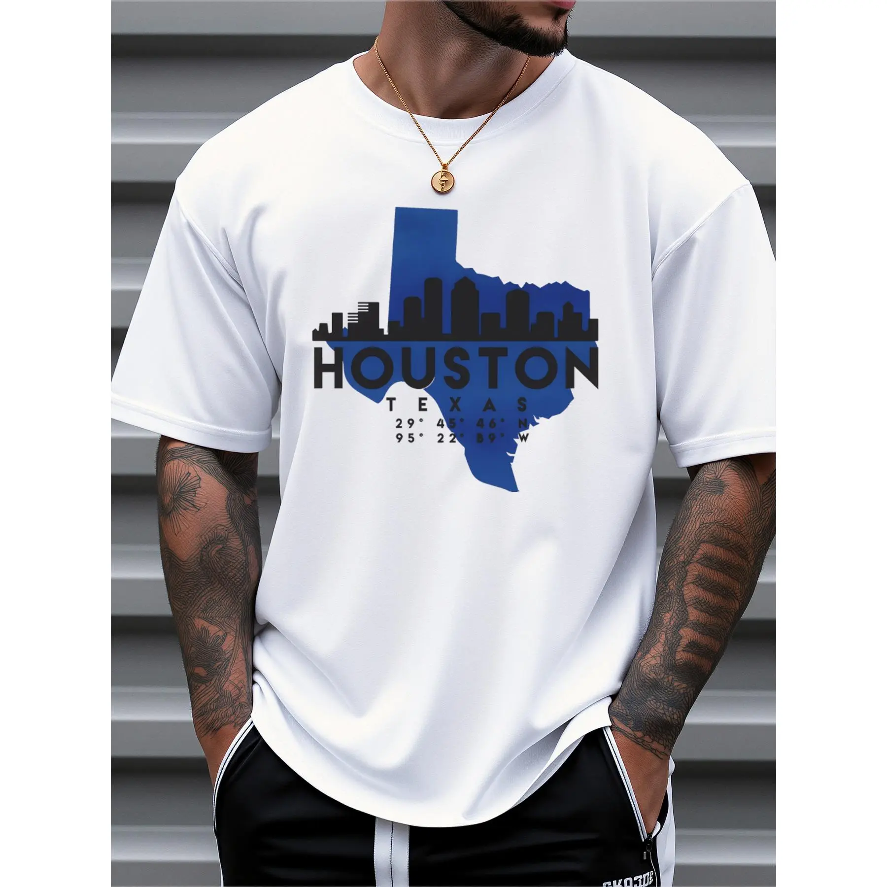 Men's Houston Texas Cityscape Graphic T-Shirt - 100% Cotton Loose Fit Casual Tee with Skyline & Texas Outline Print, Breathable Summer Shirt for Travel, Outdoor & Daily Wear - Machine Washable Gift Idea, Pure Cotton Shirt