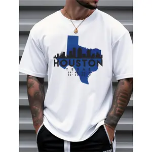 Men's Houston Texas Cityscape Graphic T-Shirt - 100% Cotton Loose Fit Casual Tee with Skyline & Texas Outline Print, Breathable Summer Shirt for Travel, Outdoor & Daily Wear - Machine Washable Gift Idea, Pure Cotton Shirt