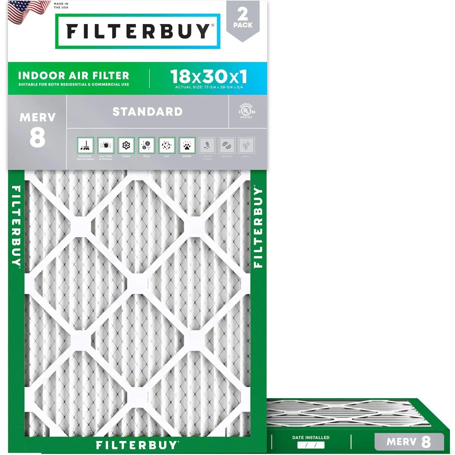 Filterbuy 18x30x1 Replacement Air Filter (2-Pack), Pleated MERV 8 Dust Defense HVAC AC Furnace Filter (Actual Size: 17.75x29.75x0.75 in)