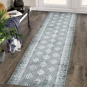 Area RugWashable Rugs Large Rug Lattice Rug Non-Slip Non-Shedding Rug Tribal Print Floor Carpet Soft Distressed Carpet Foldable Rug Bedroom Office Farmhouse,Grey