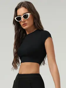 Women's Solid Round Neck Crop Sports Tee, Casual Sporty Sleeveless Crop Top for Yoga Gym Workout, Ladies Sportswear for Summer, Athletic Style Activewear, Athletic Yoga Tops