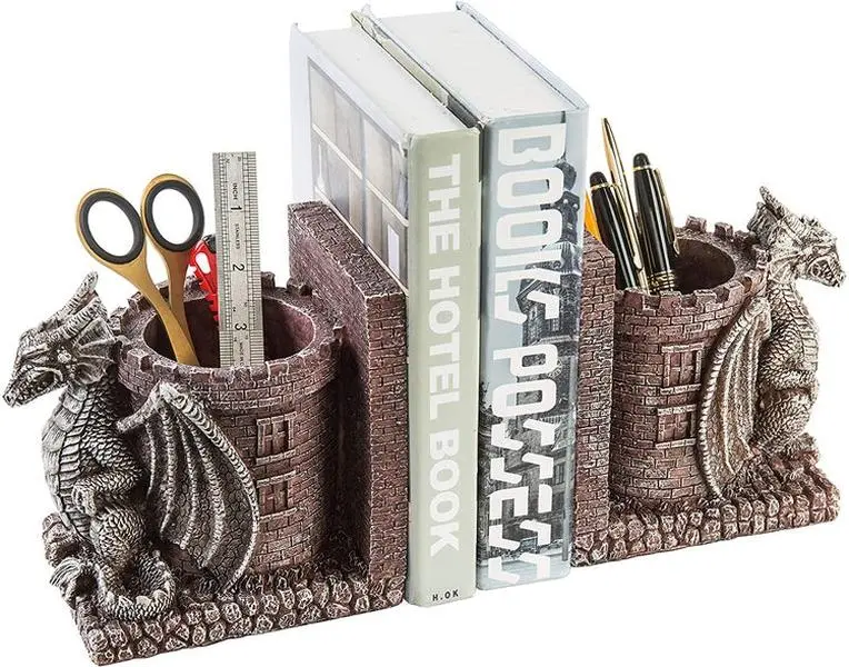Dragon Guard Castle Decorative Resin Bookends, Stone Colored Pencil Holders