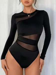 Long Sleeve Body Suit Womens Black Mesh Bodysuit Sexy Top Sheer