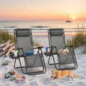 2 Pack Folding Zero Gravity Chaise Lounge Chairs, Outdoor Reclining Sun Tanning Chair with Pillow Cup Holder, Heavy Duty Steel Frame Breathable Mesh Recliner for Beach Patio Yard Poolside Outdoor Relaxation