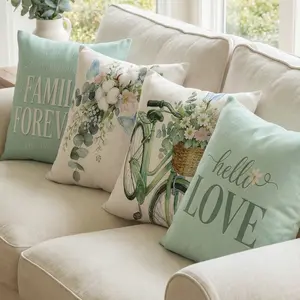 Set of 4 Decorative Spring Wreath Pillow Covers - Teal Family Love Quote & Eucalyptus Floral Bicycle Linen Cushion Case for Farmhouse Decor Room Bedroom Sofa Chair Car Bedroom Decorative Accessories 0127YG