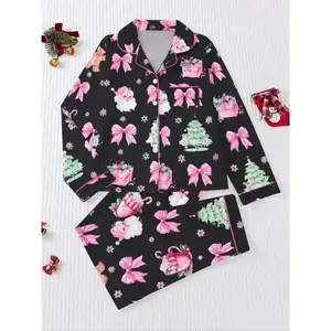 Women's Christmas Pajama Set, Soft Long Sleeve Shirt & Elastic Pants, Holiday Party Sleepwear, Casual Fall Winter Home Wear Matching Fabric