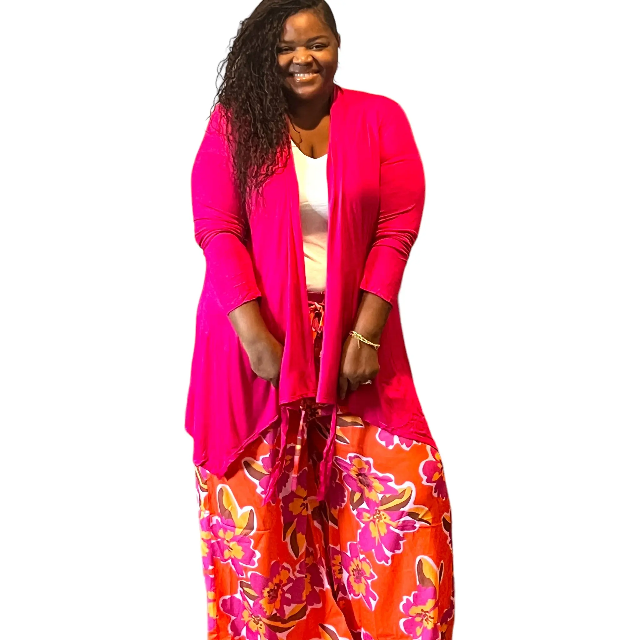 Women's Plus Size Magenta Adjustable Tie-Waist Long Sleeves Everyday Soft Polyester-Spandex Fabric Knitwear Top