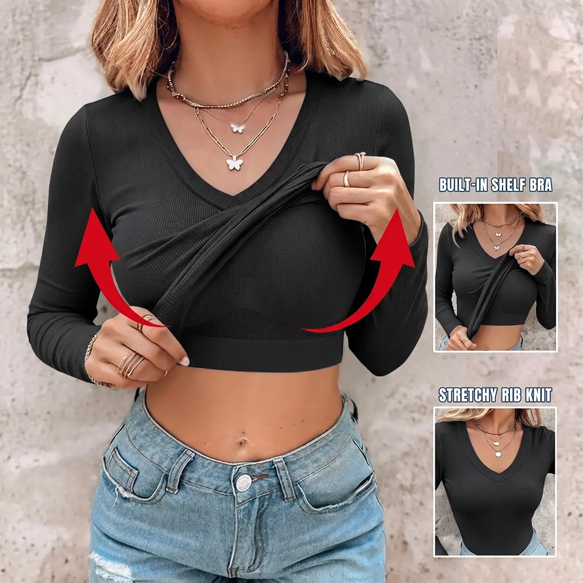 CHICME Women's V Neck Long Sleeve Ribbed Knit Top Slim Fit Base Layer Shirt Soft Stretchy Casual Tee with Built-in Bra CHICME Women's V Neck Long Sleeve Ribbed Knit Top Slim Fit Base Layer Shirt Soft Stretchy Casual Tee with Built-in Bra