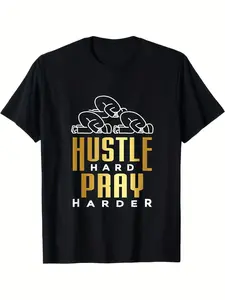 Hustle Hard Pray Harder Eid Mubarak Muslim Islamic Inspirational T-Shirt Unisex Casual Tee with Prayer Hands And Bold Golden Lettering Short Sleeve Round Neck for Ramadan Eid Al-Fitr Same Style for Men And Women  Summer Short-Sleeved Printed T-S