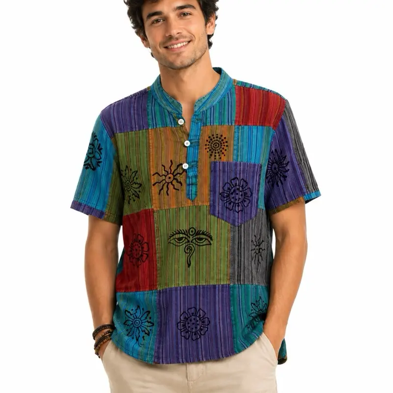 Patchwork Kurtha Half Shirt for Men and Women, 100% Cotton Handmade, Comfortable Fit