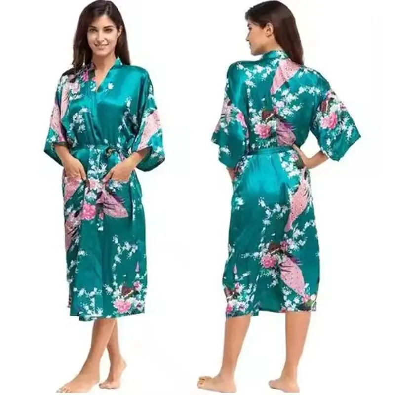 2015 Silk Bathrobe Women Satin Kimono Robes For Women Floral Robes Bridesmaids Long Kimono Robe Bride Silk Robe Dressing Gown