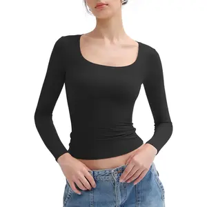 Women's Long Sleeve T Shirts Scoop Neck Slim Fit Going Out Tops Double Lined Basic Tee Smoke Cloud Collection
