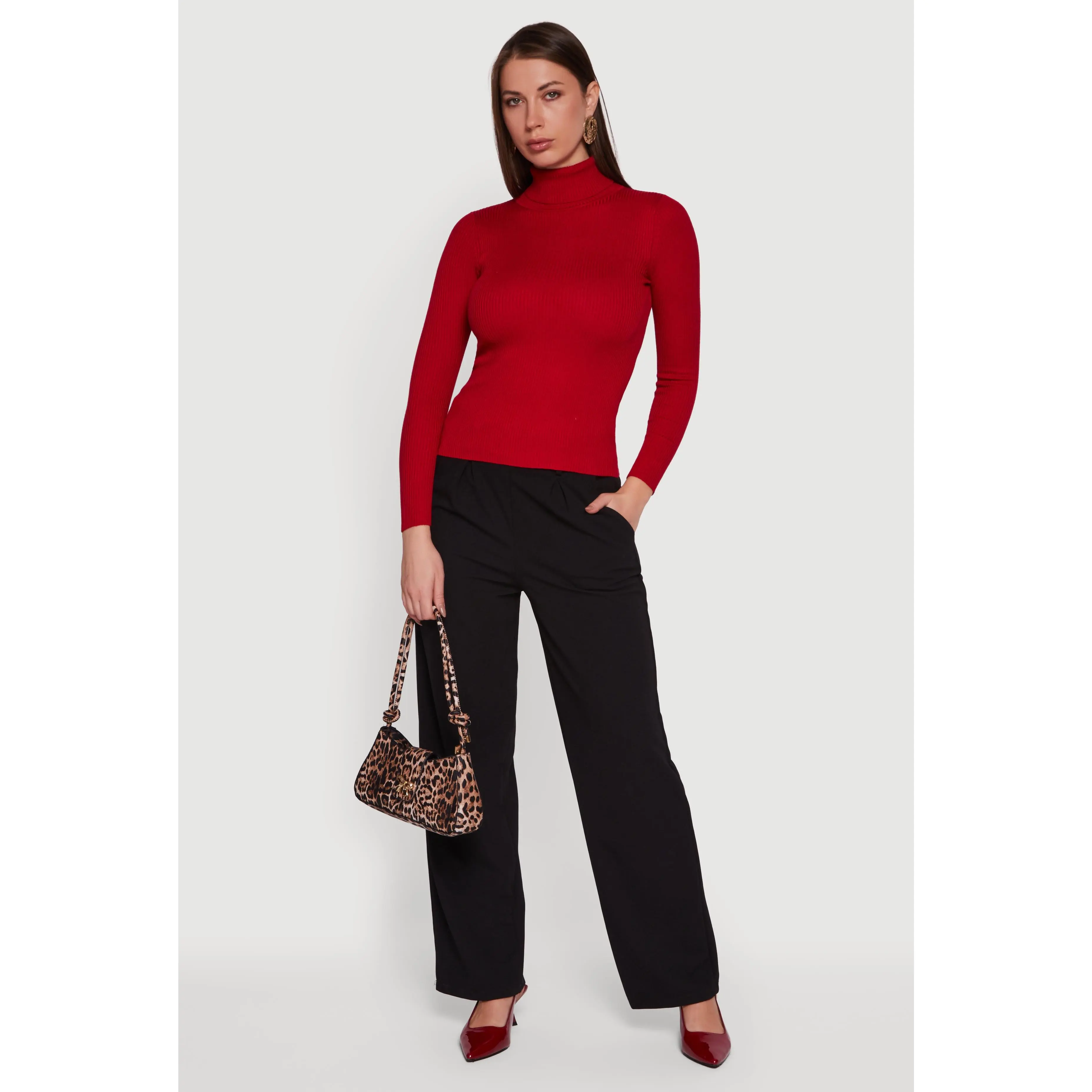Solid Ribbed Knit Turtleneck Top
