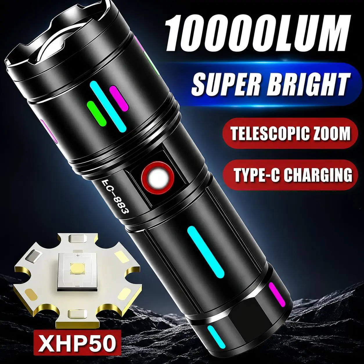 2026 New Aluminum Alloy Compact Handhold Tactical Torch, 1000 Lumens Rechargeable Zoomable LED Flashlight, 5 Modes Digital Display Lithium Battery, Waterproof Long Range Outdoor Gear for Camping Emergency Survival