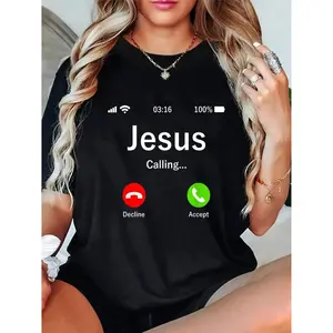 Women's 100% Cotton Short-Sleeve Christian T-Shirt, "Jesus Is Calling" Graphic Top, Casual Streetwear summerwins