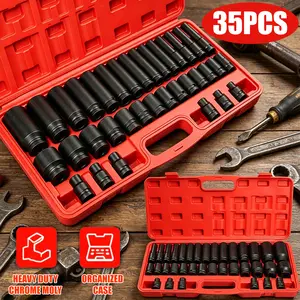 35pcs 1/2 Inch Drive Deep Impact Socket Tool Set Metric Garage Workshop Tools,Heavy Duty Impact Socket Set with Portable Case, Red