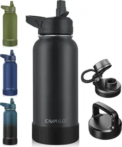 32 oz Portable Insulated Stainless Steel Water Bottle with 3 Lids - Straw, Spout, Handle - Wide Mouth Drinkware Thermal Flask for Travel, Black Metal Tumbler Beach Coffee Indoor Insulation Leakproof Mug Bottled Classic Winter Bottled