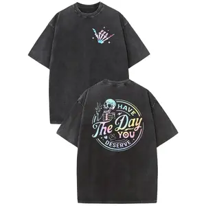 Wayii Fashion Oversize Acid Wash Vintage Skeleton Pattern T-Shirt for Women Comfortable Cotton Tee with Sarcastic Quote Ideal for Sports & Daily Wear