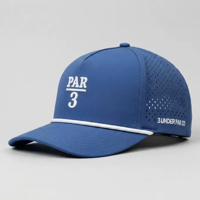 3 Under Par Co "Par 3" Edition Golf Hat - Blue with Perforated Design and White Trim