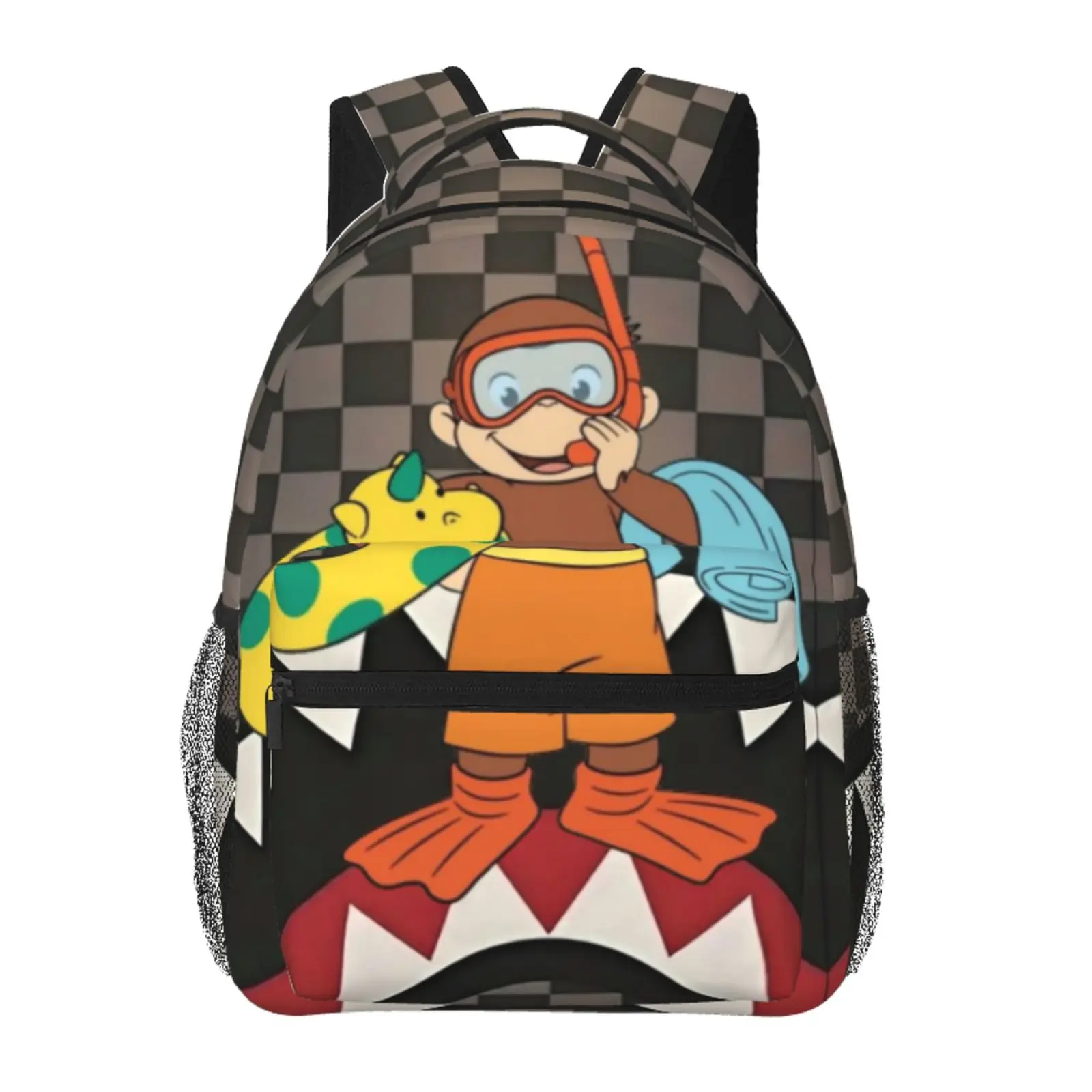 SG Backpack – Curious George balloons, slime, graffiti checkered laptop bag; school/commute; Y2K cartoon school bag; cute gift for teen girls and students