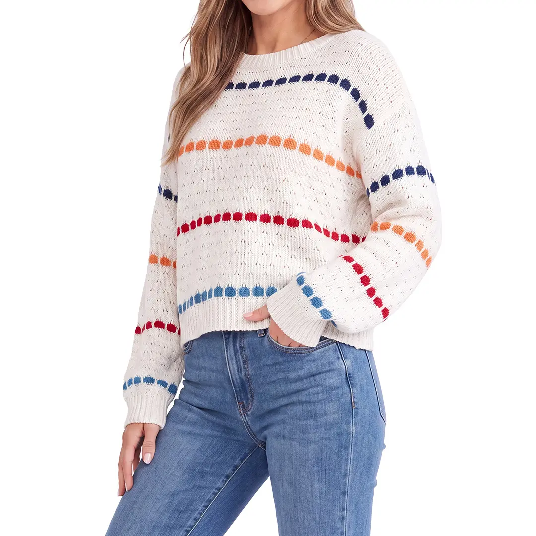 Shewin Women's Striped Round Neck Drop Shoulder Long Sleeve Loose Regular Length Casual Hollow Knit Pullover Sweater