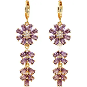 18K Gold Plated Purple Amethyst Flower Leaf Dangle Earrings Hypoallergenic Cubic Zirconia Elegant Chandelier Drop Jewelry Gifts for Women