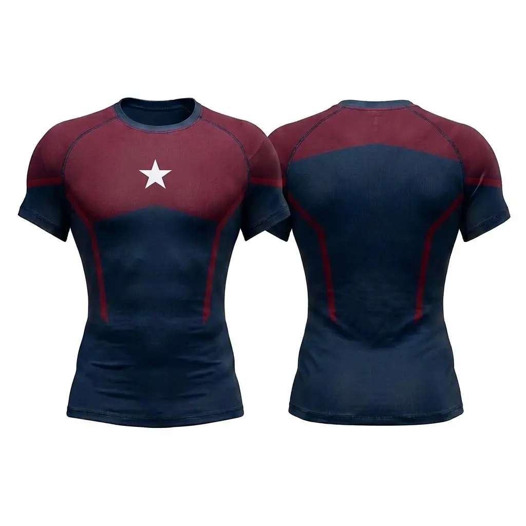 Men Short Sleeve Compression Shirt, White Star Navy Blue Maroon Graphic Gym Top, Quick Dry Athletic Workout Rashguard, Bodybuilding Muscle Base Layer, High Elasticity Fitness Sports Shirt