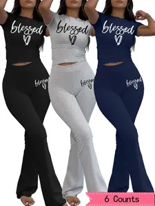 Women's Letter Print Fitted Crop Top & Flare Leg Pants Set, Casual Short Sleeve Tee & Bell Bottom Trousers for Daily Wear, Ladies Summer Clothes, Womenswear