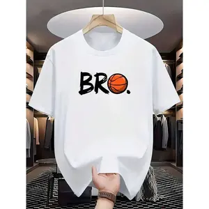 Men's Retro Basketball Graphic Casual T-Shirt |       "BRO" & Orange Ball Print White Summer Tee