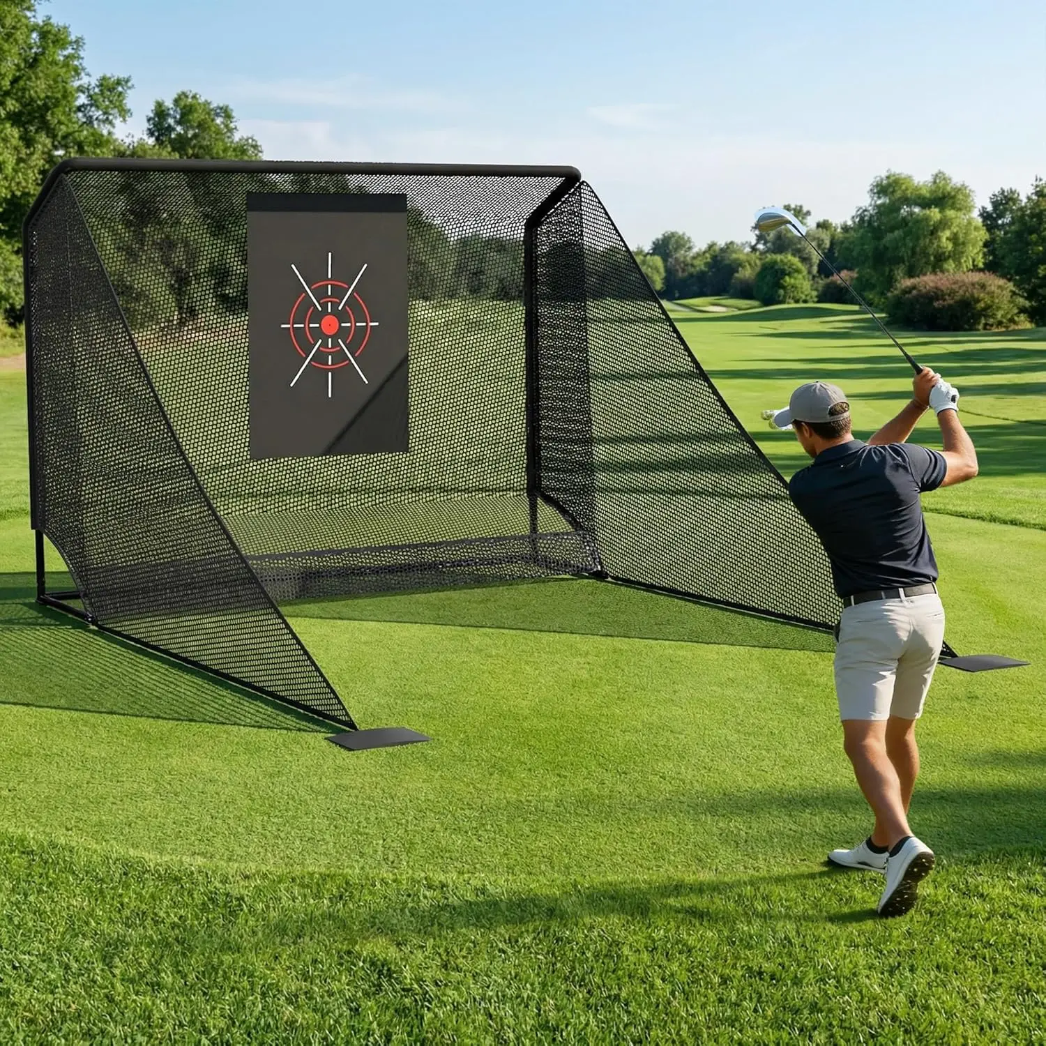 10x7ft Heavy-Duty Golf Hitting Net, Rust-Resistant Powder-Coated Steel Frame with Auto Ball Return and Side Nets for Garage & Indoor Practice, Backyard, Golfers, Polyester, Sturdy, Detachable Side Nets