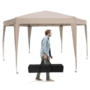 COSTWAY - 13 x 11.5 FT Hexagonal Pop-Up Height Adjustable Canopy Tent with Dressed Legs-Khaki