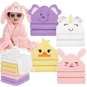 P-AD056    12 PCS Baby Bath Towels for Infants Toddlers, 4 PCS Animal Hooded Baby Towels & 8 PCS Washcloths Set, Ultra Absorbent Soft Cute Newborn Essential Gift for Boys & Girls