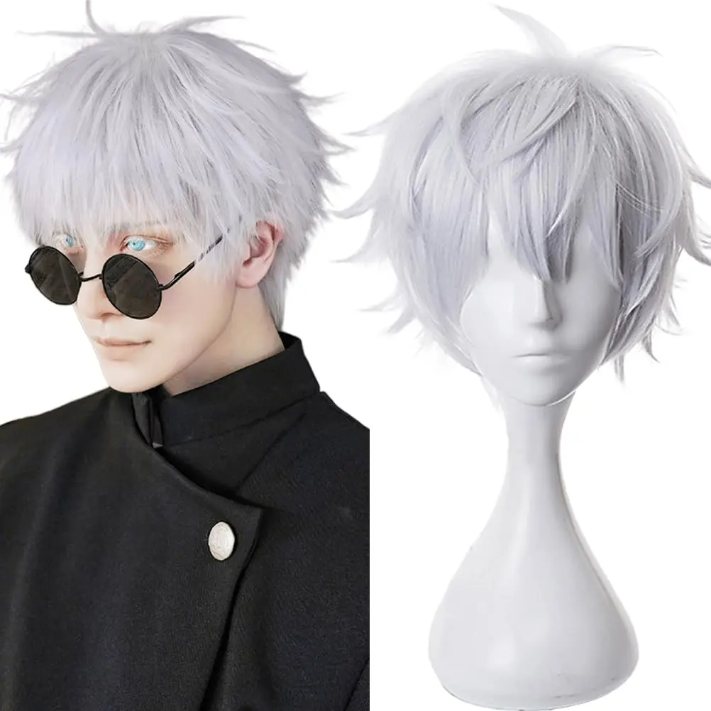 Anime Silver White Cosplay Wig Men Short Hair 5t5,White Cat,Sorcerer,Magic Witch Hat Qi Frey Role Halloween,Christmas,Party