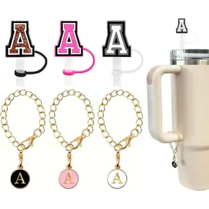 Initial Letter Design Chain Charm and Straw Cover Cap Set, Including 3 Counts Initial Letter Charm & 3 Counts Straw Top Cover for Tumbler [without Tumbler]