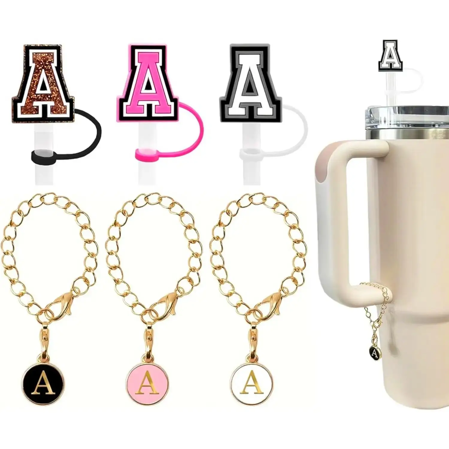 Initial Letter Design Cute Chain Charm and Straw Cover Cap Set, Including 3 Counts Initial Letter Charm & 3 Counts Straw Top Cover for Tumbler [withou