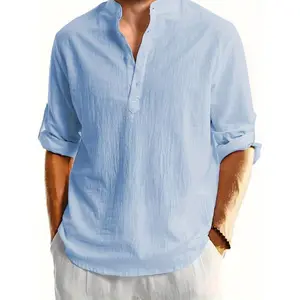 Men's Linen Henley Shirt, Casual Stand Collar, Solid Color, Regular Fit, Split Sleeve, Button Detail, Woven Fabric, 100% Linen, Non-Stretch, Spring/Fall Season, 115g/m² - Beige