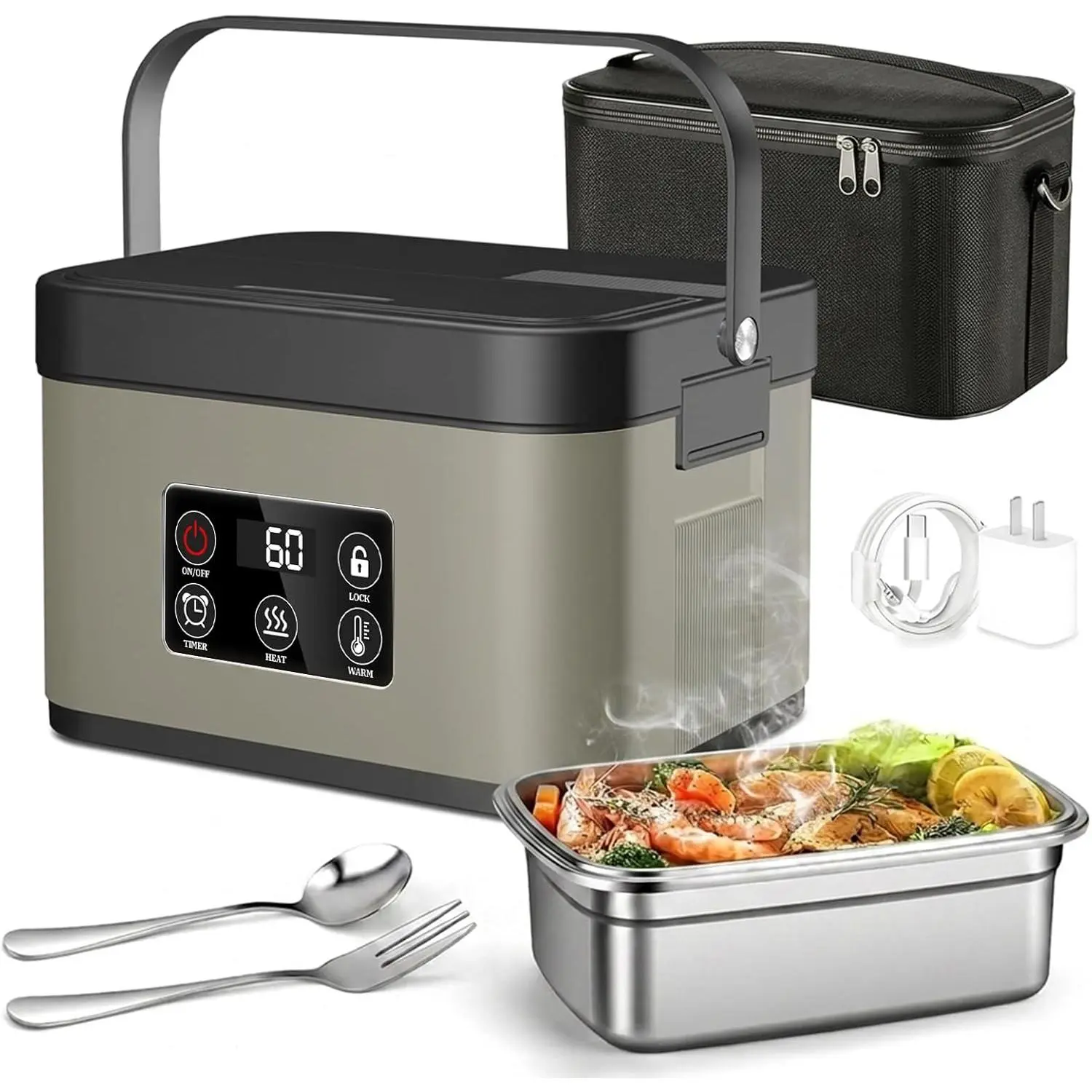 1.5L Electric Box for Adults Stainless Self Heating Lunchbox Men with Timer & Heating Food Warmer for Car/Truck/Office/Camping