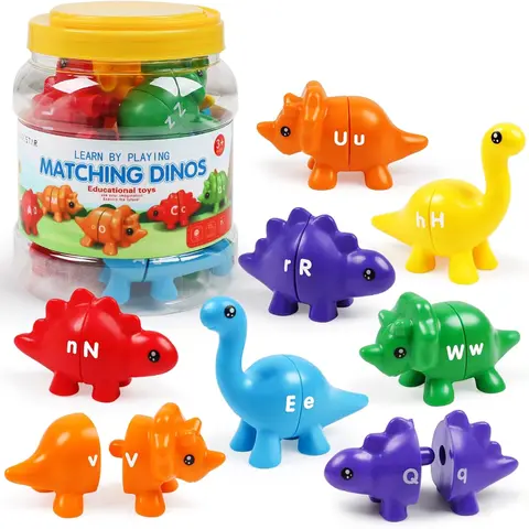 Montessori Sturdy Plastic Dinosaur Alphabet Maths Toy Set - 13 Dinosaurs, Double-Sided ABC Matching, Counting, Color Matching, Sensory Sorting, Interactive Shape Learning (3+ Years) - Toddler Toys, Children's Day Gifts