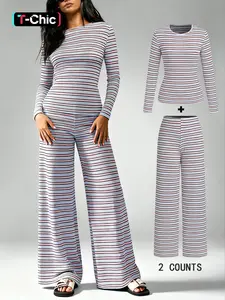 Women's Striped Knit Casual Athletic Fitted Long Sleeve Crop Top Set, High Waist Elastic Sports Pants, 2 Piece for Daily Wear, Activewear Clothing, Sweatsuits Set, Workout Set